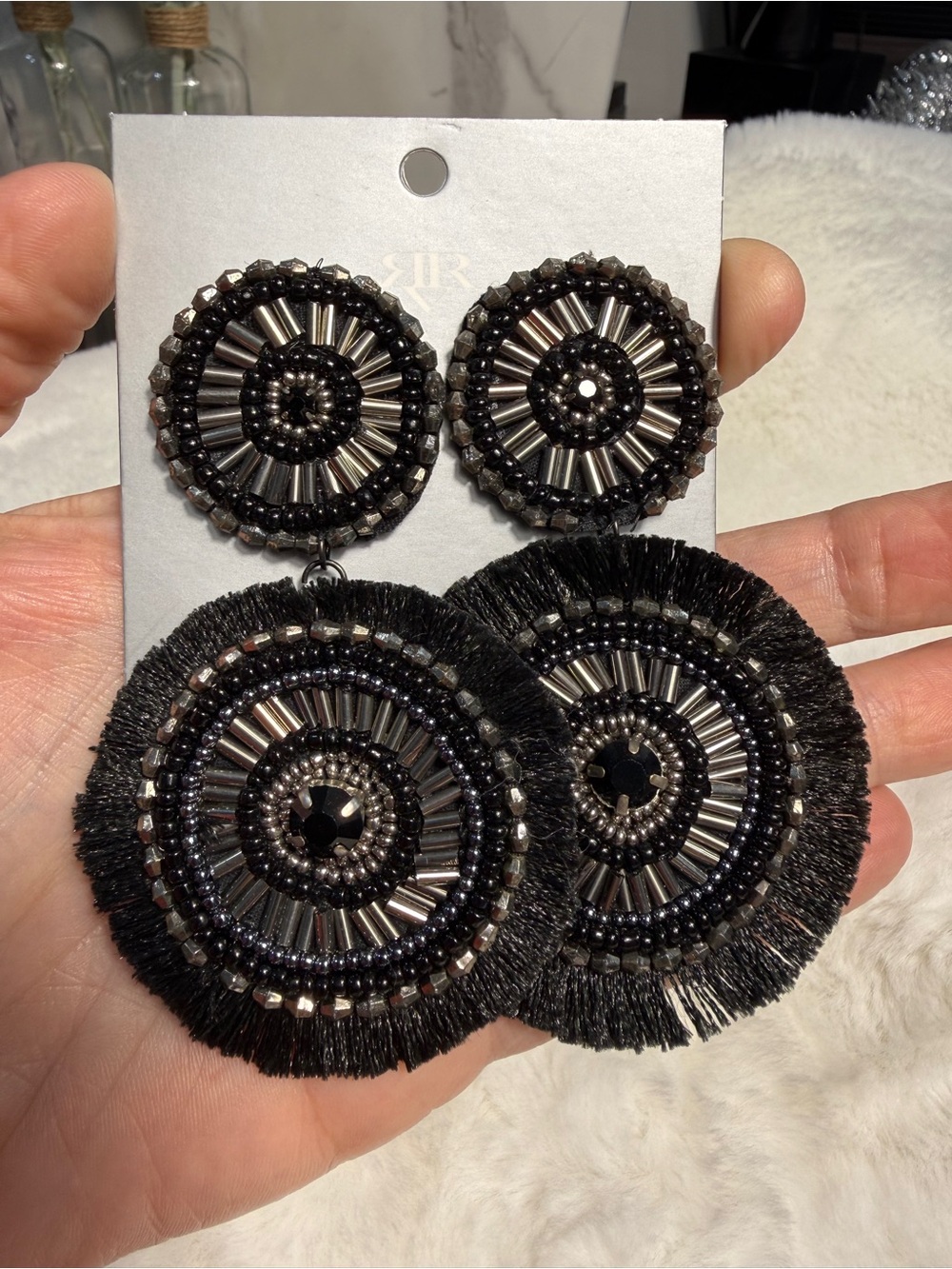 Free People Black Beaded Fringe Circle Earrings
